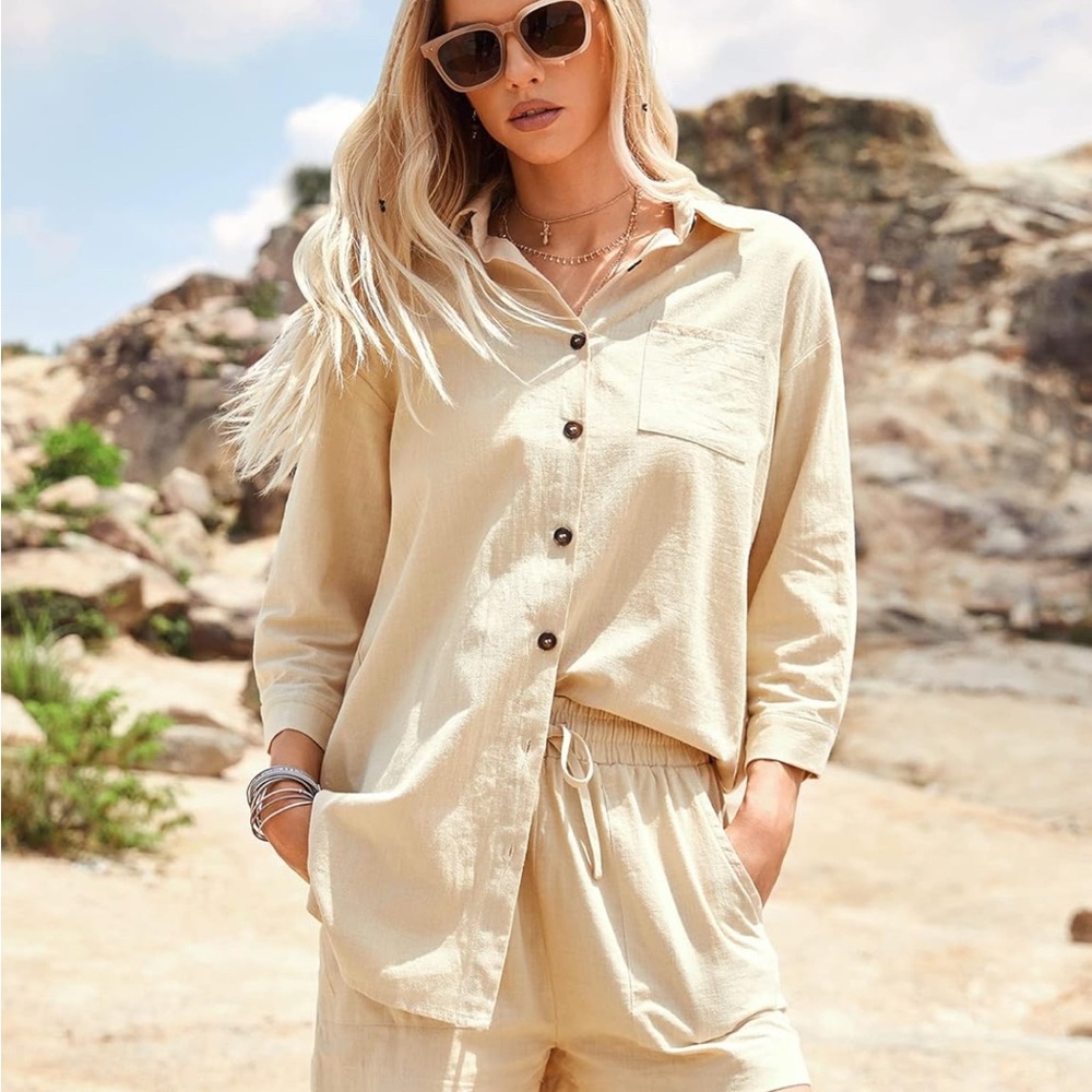 Beige Button-Up Shirt and Shorts Set